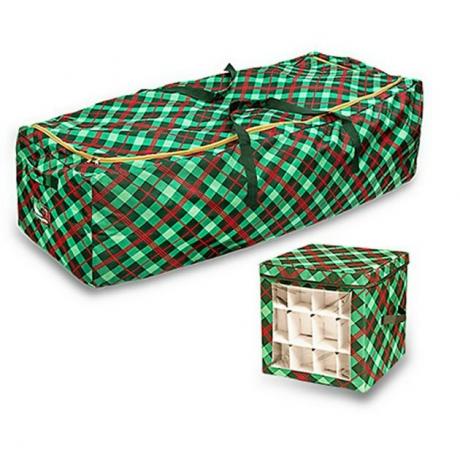 Recipiente de árvore de Natal xadrez e cubo de armazenamento de enfeites combinando