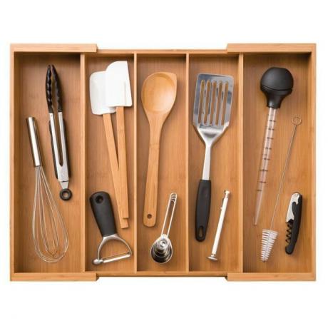 Organizador de gaveta de utensílios de bambu com ferramentas variadas