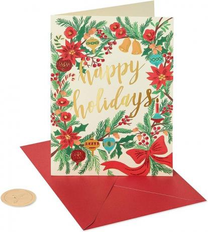 „Papyrus Happy Holidays“ kortelės su raudonos ir žalios spalvos iliustracijomis