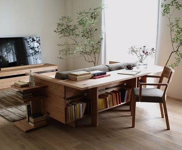 Bureau met lage boekenplanken, stoel, planten, bank, tv.